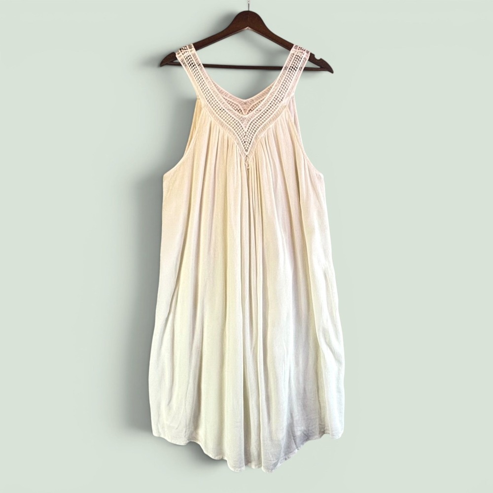 Sleeveless Trapeze Dress L Ivory 100% Rayon Crochet Boho Ethereal Flowy Peasant